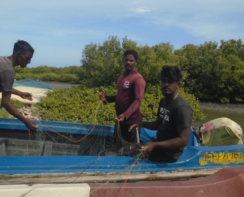 Arulventhan (brown t shirt) arranging the net with coworkers